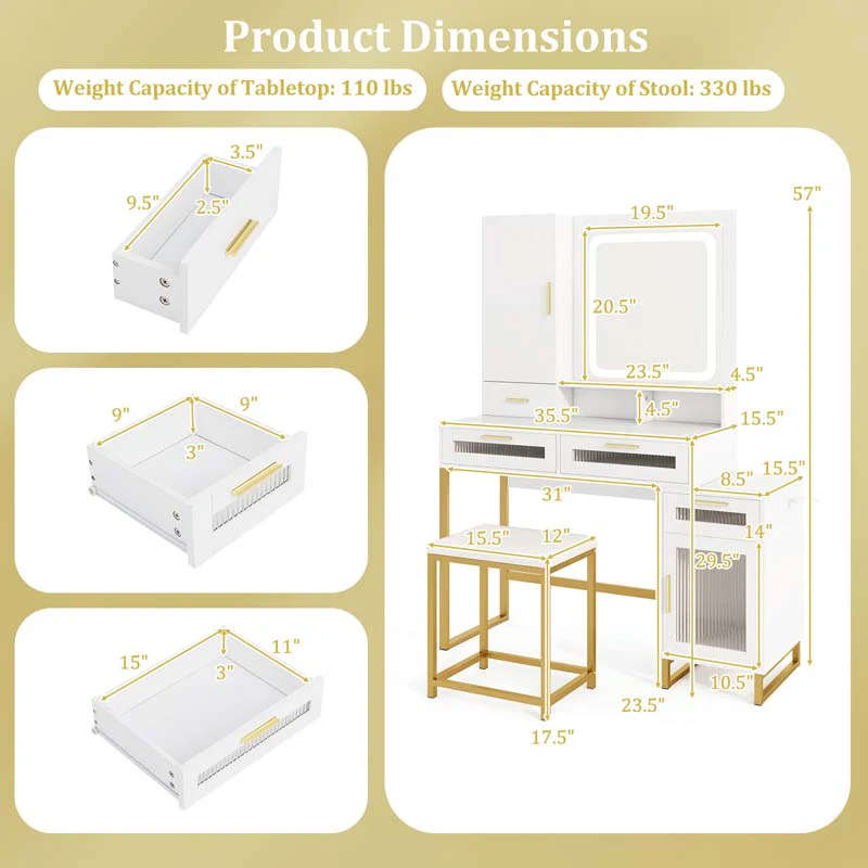 Eletriclife Makeup Vanity Desk Dressing Table and Stool Set with Lighted Mirror