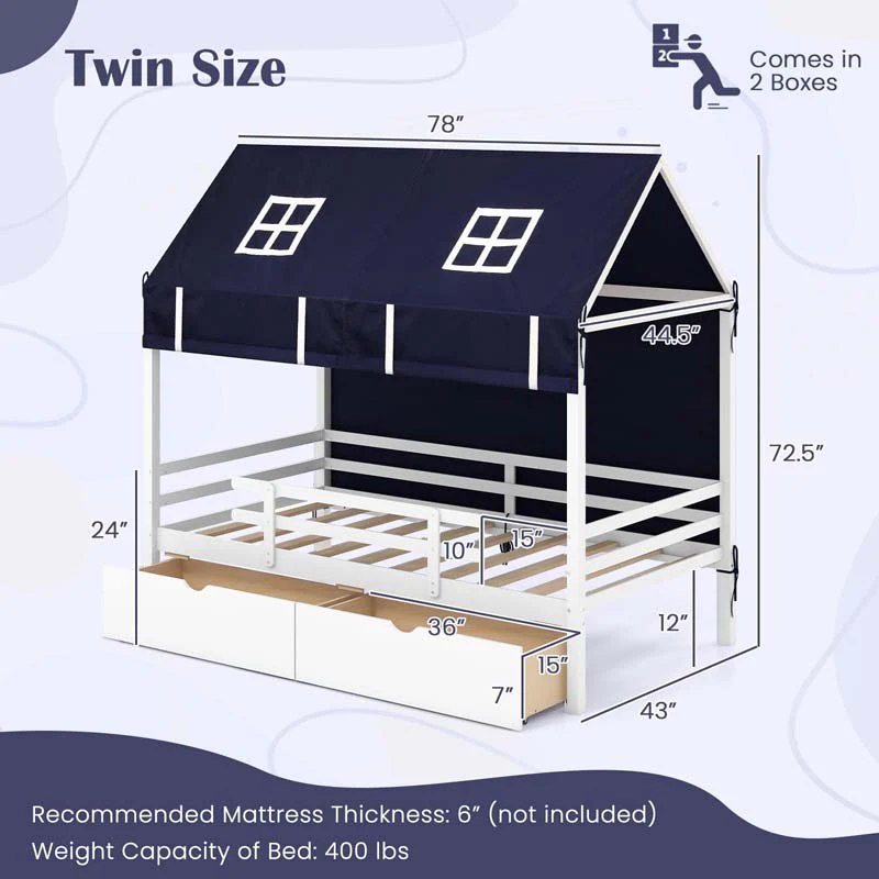 Eletriclife Kids Twin House Bed with Tent and 2 Storage Drawers