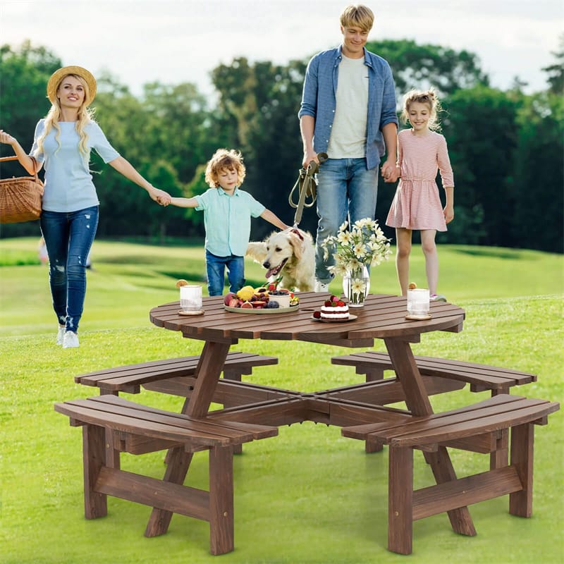 Eletriclife Oudtoor 8-Person Round Wood Picnic Table Set with 4 Built-in Benches & 2" Umbrella Hole for Patio Backyard Garden