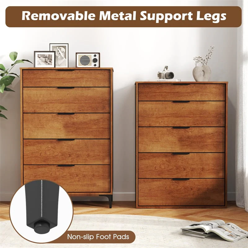 Eetriclife Mid-Century Modern 5-Drawer Dresser with Anti-Tip Interlock System