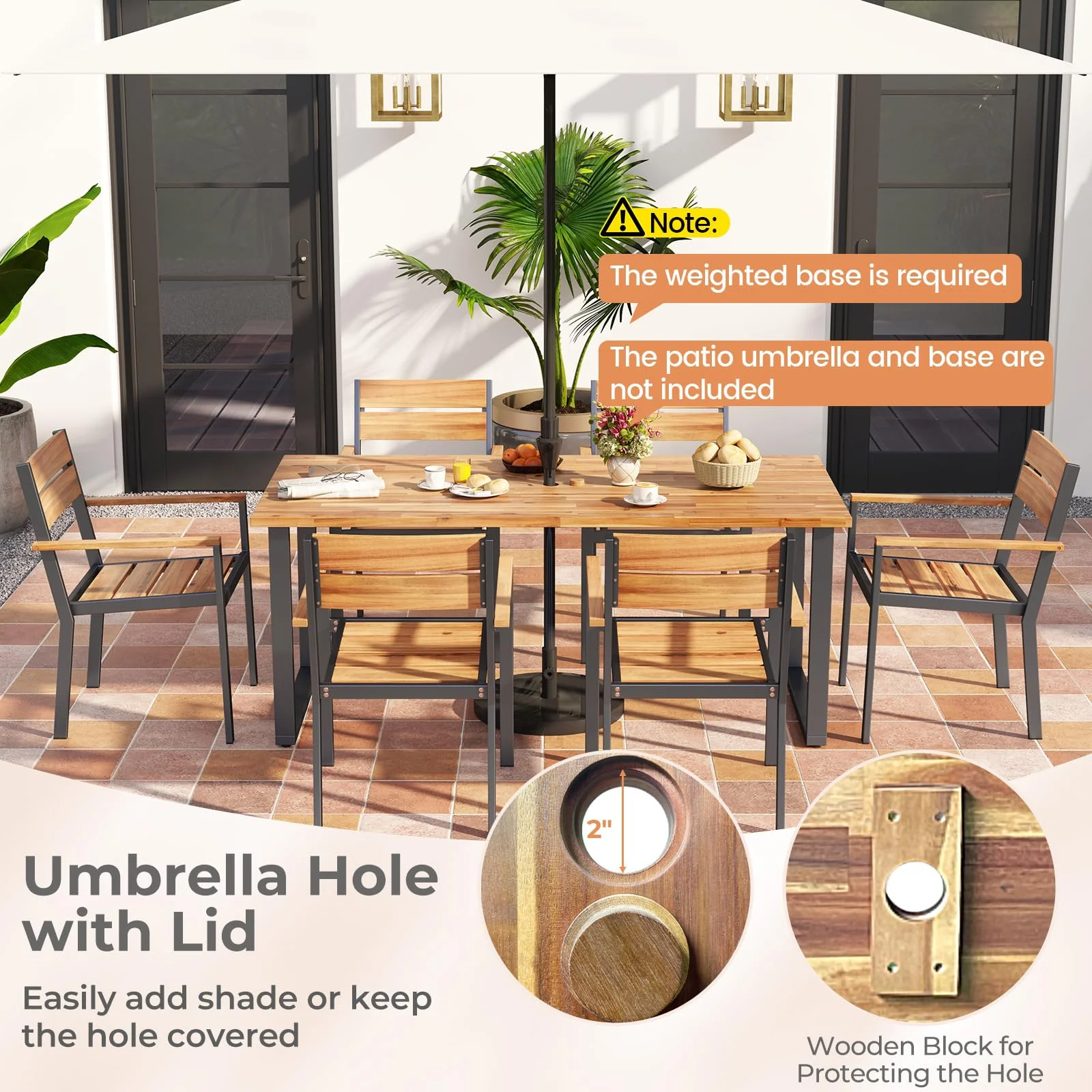 Eletriclife 7 Pieces Acacia Wood Patio Dining Set with 2 Inches Umbrella Hole