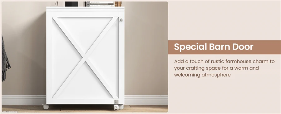 Eletriclife Folding Sewing Table Farmhouse Sewing Machine Cabinet with Barn Door, 18 Pegs & 2 Storage Trays