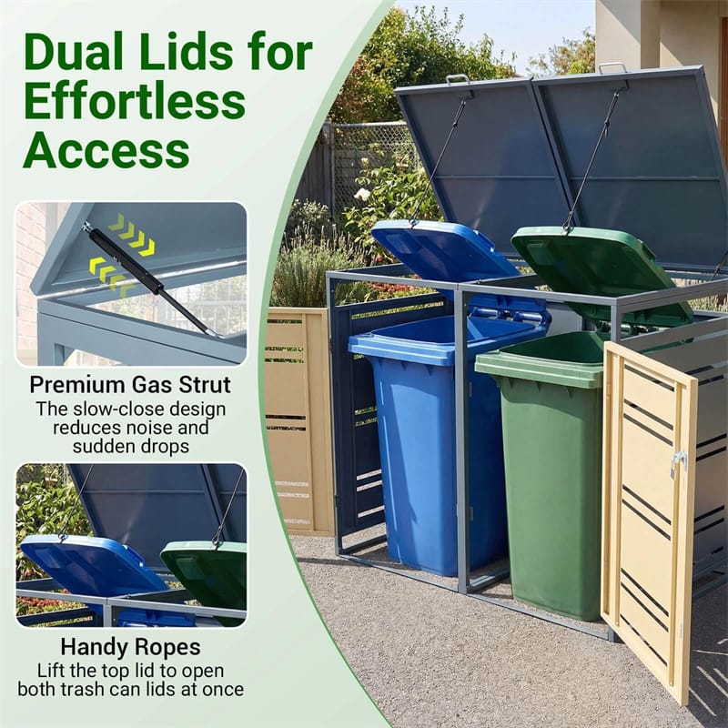 Eletriclife 44 Cu.Ft Outdoor Metal Trash Can Storage Shed Double Garbage Can Enclosure with Gas Strut & Shock Absorber for Patio, Garden & Backyad