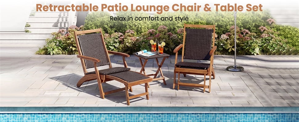 Eletriclife 3-Piece Patio Lounge Chair Set Acacia Wood Rattan Wicker Folding Chaise Lounge with Retractable Ottoman & Side Table