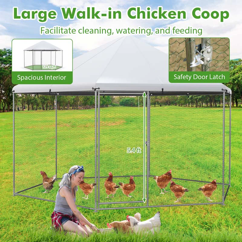Eletriclife 13FT Large Metal Hexagonal Chicken Coop with Wire Mesh and Lockable Door