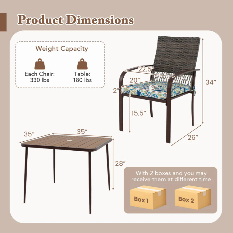 Eletriclife 5 Pieces Patio Dining Set 4 Cushioned Rattan Armchairs and Square Table
