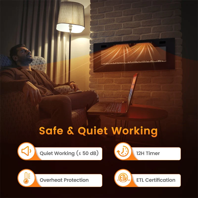 Eletriclife 42/50/60/72 Inch Ultra-Thin Smart Electric Fireplace Insert Wall Mount & Recessed Heater with Decorative Crystals
