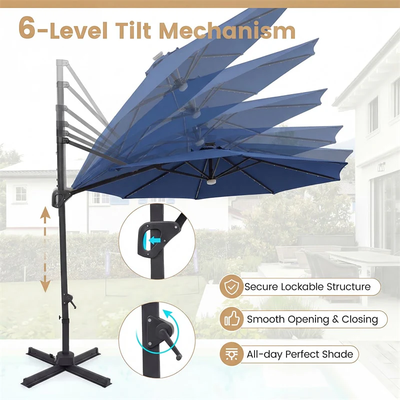 Eletriclife 10FT Cantilever Patio Umbrella with 36 Solar LED Lights 360° Rotation Offset Hanging Umbrella for Pool Yard