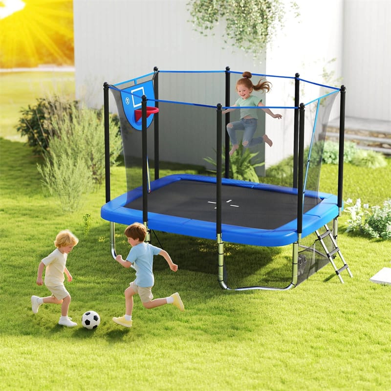 Eletriclife 10x8 FT ASTM Approved Rectangular Trampoline with Basketball Hoop, Soccer Goal, Enclosure Net for Kids & Adults