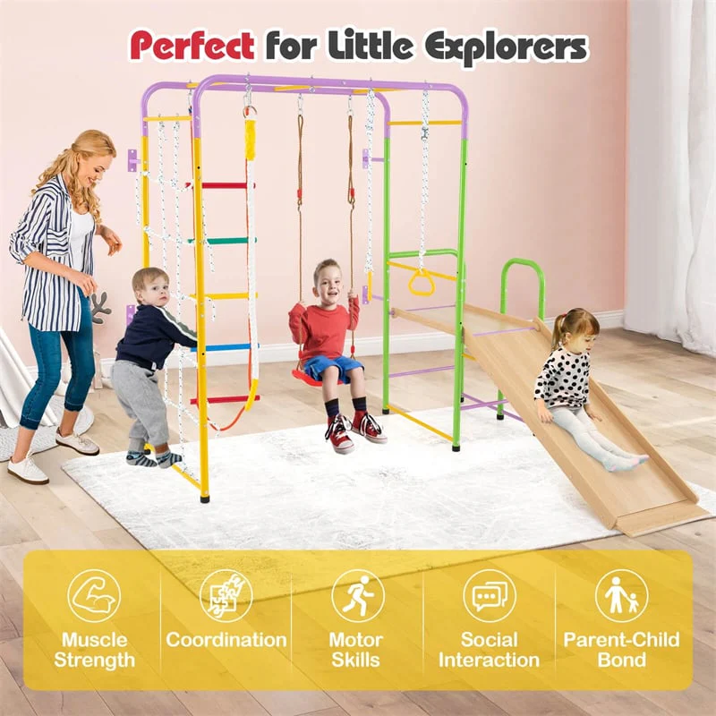 Eletriclife 8-in-1 Steel Montessori Climbing Toys Indoor Playground Jungle Gym with Slide for Toddlers & Kids