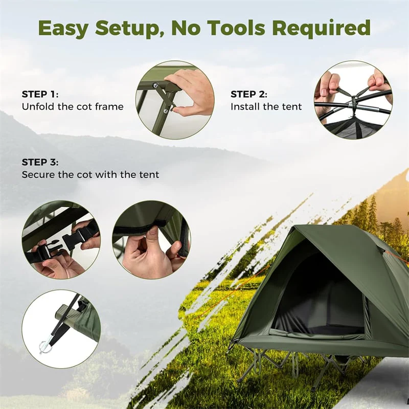 Eletriclife 2-Person Camping Cot Tent Combo 3-in-1 Folding Off-Ground Elevated Cot Bed with Pop Up Shelter for Outdoor Hiking