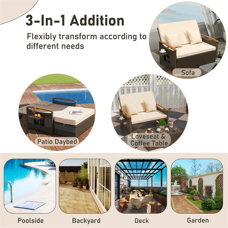 Eletriclife Adjustable Patio Rattan Daybed 2-Person Outdoor Wicker Loveseat with Storage Ottoman