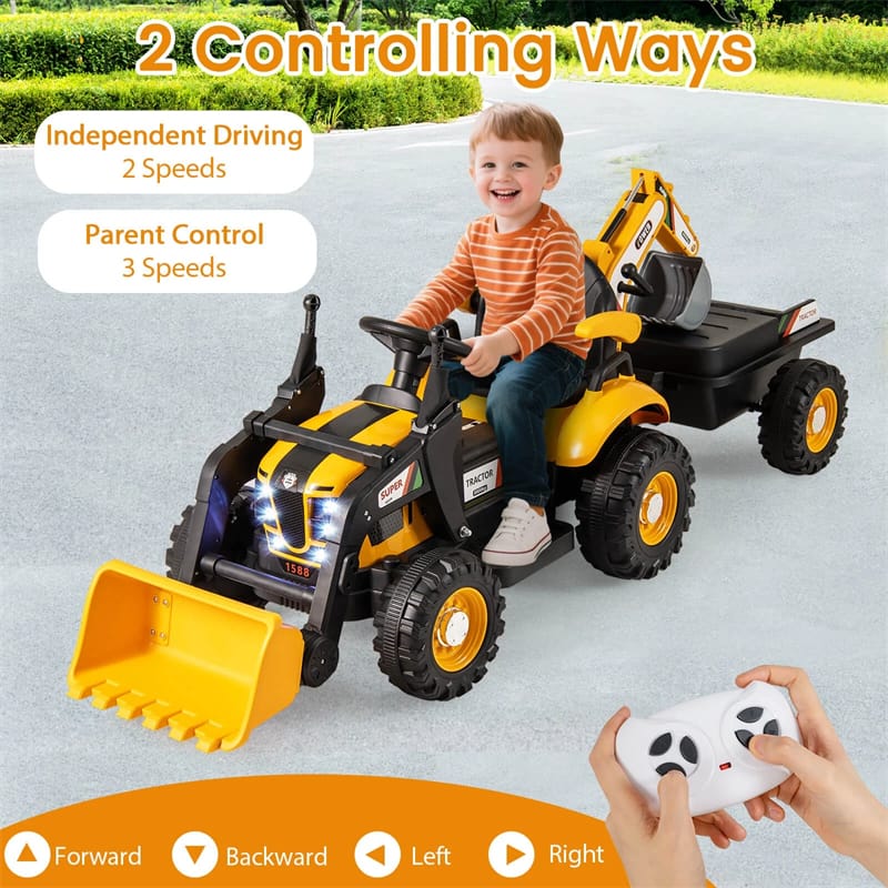 Eletriclife 4-in-1 Kids Ride on Tractor 12V Electric Excavator Bulldozer with Traoler & Remote Control