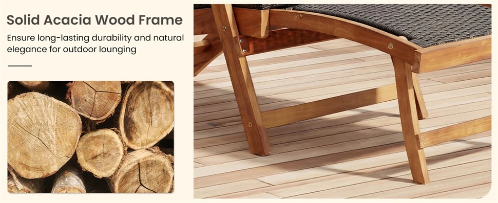 Eletriclife 3-Piece Patio Lounge Chair Set Acacia Wood Rattan Wicker Folding Chaise Lounge with Retractable Ottoman & Side Table