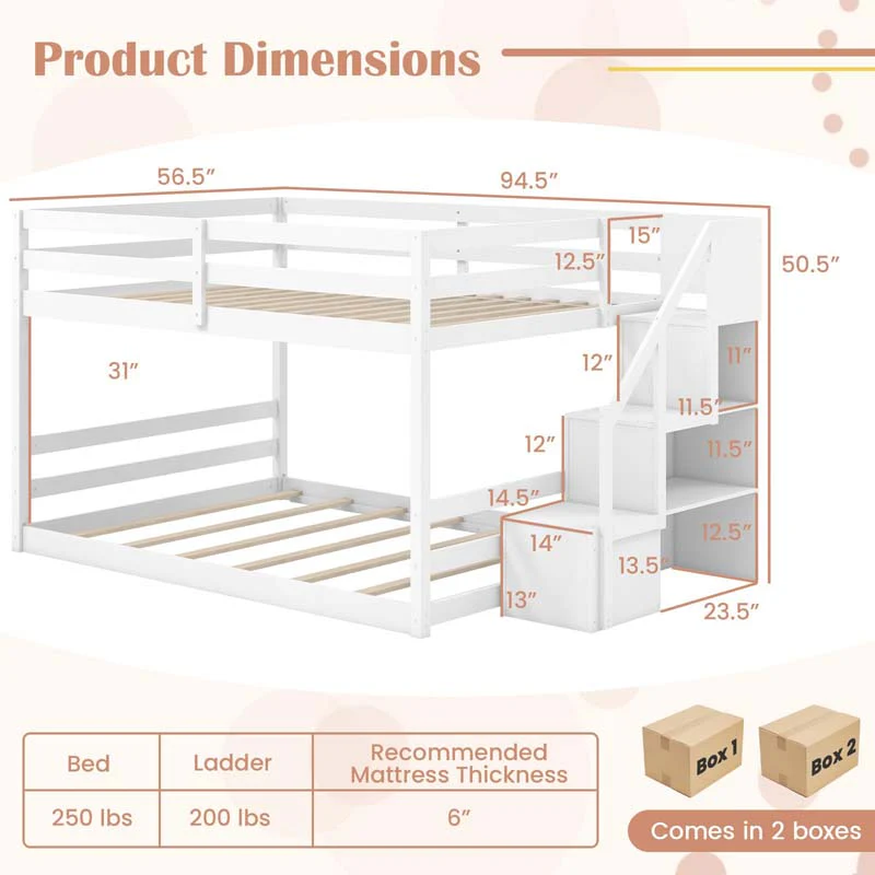 Eletriclife Solid Wood Full Over Full Low Bunk Bed with Storage Stairs