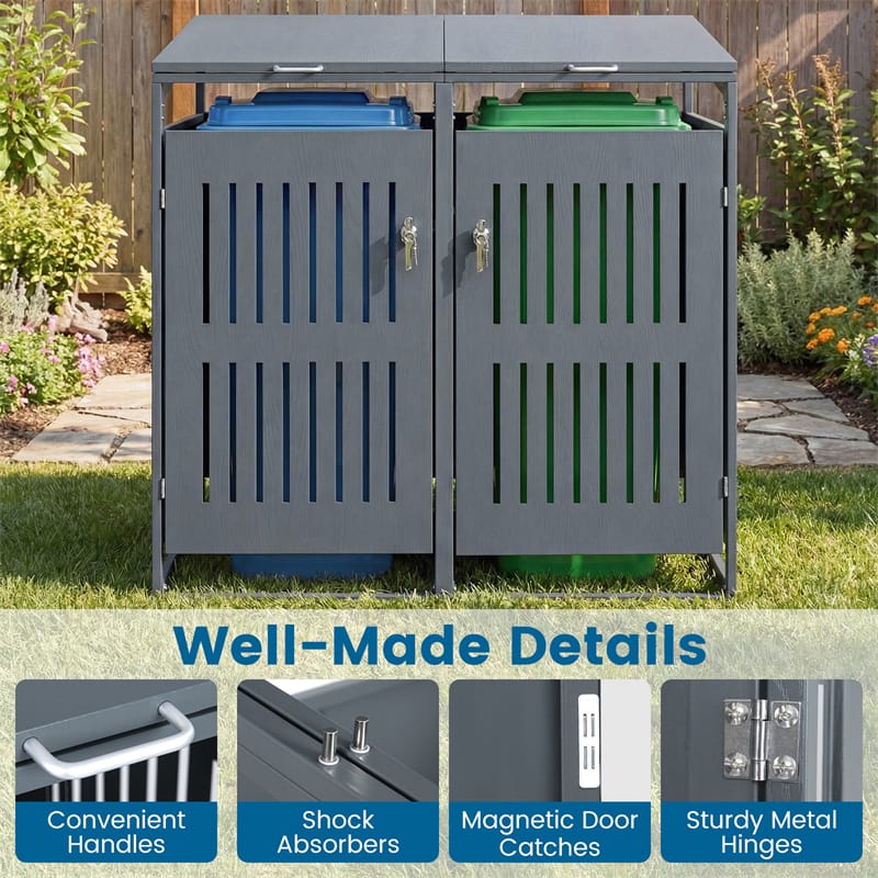 Eletriclife 44 Cu.Ft Outdoor Metal Trash Can Storage Shed for 2 Bins with Gas Struts & Lockable Dual Doors