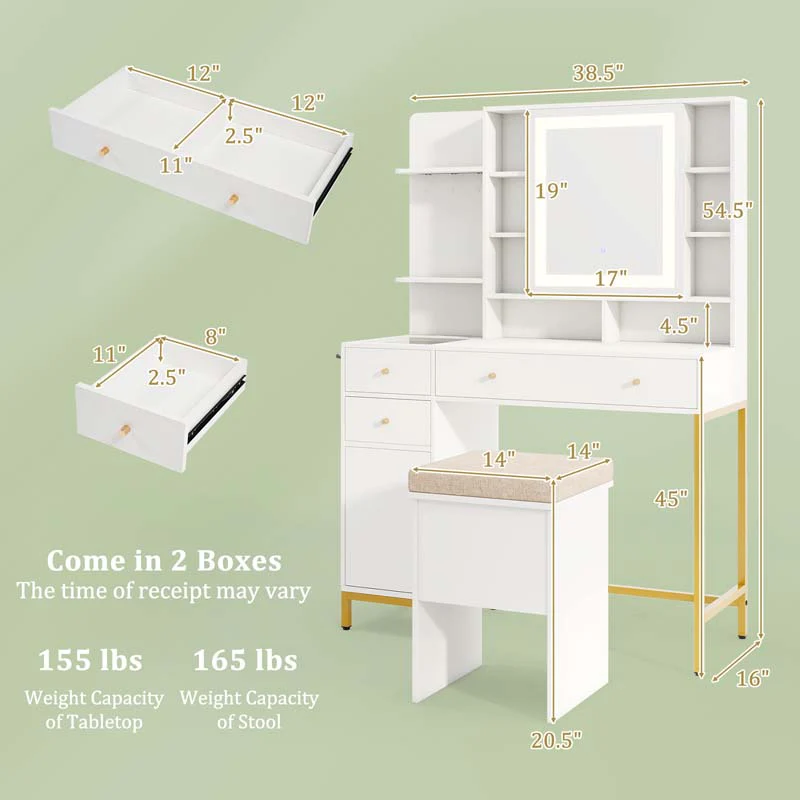 Eletriclife Makeup Dressing Table and Stool set with 3 Lighting Modes and Cabinet