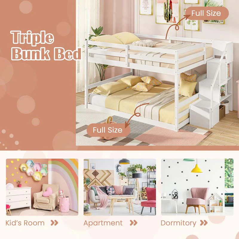 Eletriclife Solid Wood Full Over Full Low Bunk Bed with Storage Stairs