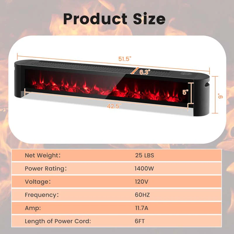 Eletriclife 1400W Baseboard Electric Heater with Realistic Multicolor Flame