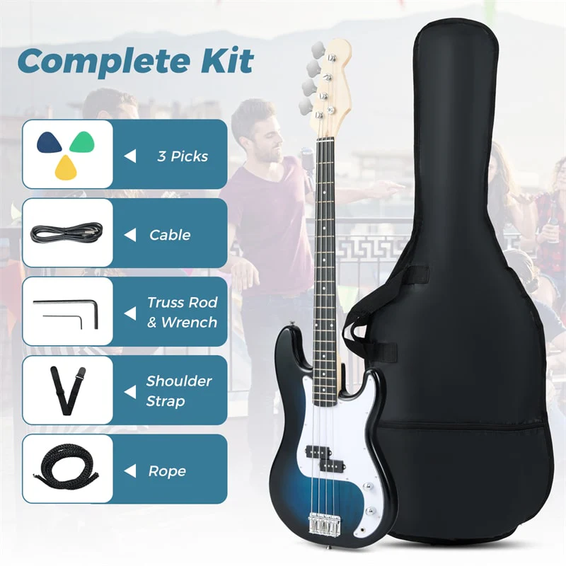 Eletriclife 46" Right-handed Electric Bass Guitar 4 Strings Full Size Bass Kit with Double Pickups for Beginners