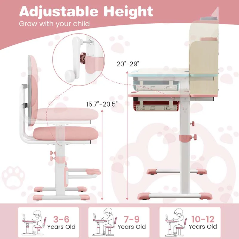 Eletriclife Height Adjustable Children Study Table and Chair with Bookshelf