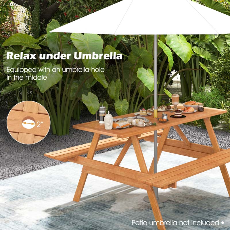 Eletriclife 6 Person Picnic Table Set Patio Rectangle with 2 Built-in Benches and Umbrella Hole