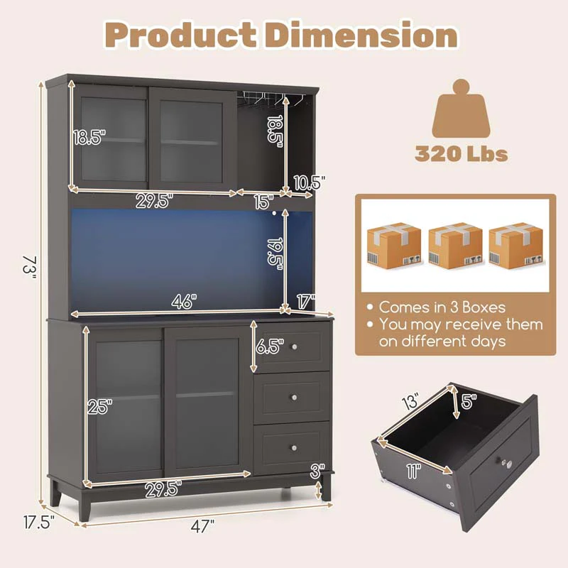 Eletriclife 73 inch Kitchen Pantry Storage Cabinet with LED Lights Power Outlet