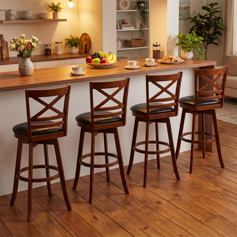 Eletriclife Set of 2 Swivel Counter Height Bar Stools 30.5" Rubber Wood Barstools with High Back