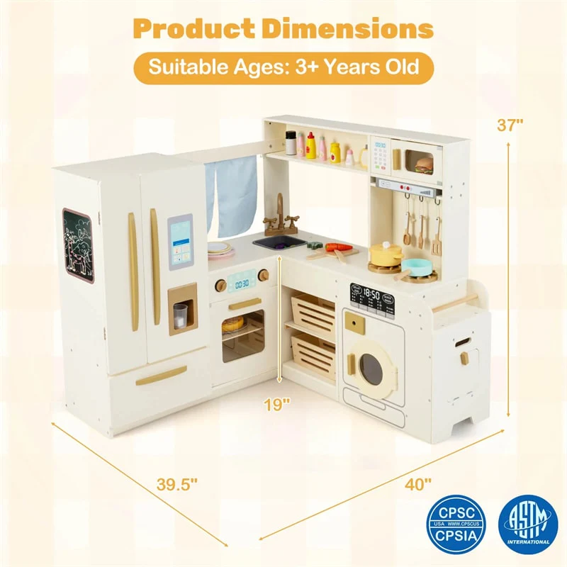 Eletriclife Corner Kids Kitchen Playset with Trash Can, Real Lights & Sounds, 2-Door Fridge
