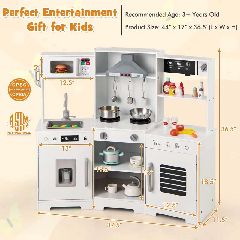 Eletriclife Pretend Play Kitchen Wooden Toy Set with Range Hood Real Sounds and Lights