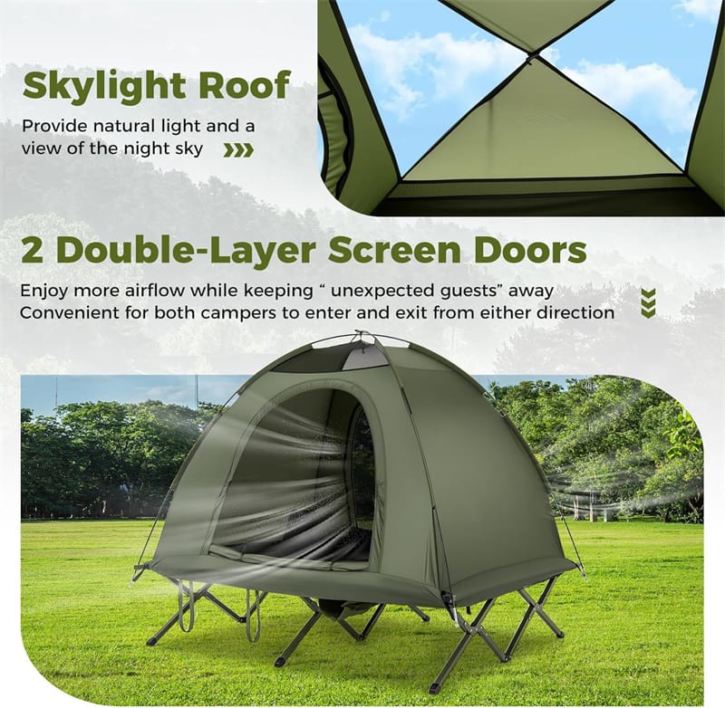 Eletriclife 2-Person Camping Cot Tent Combo 3-in-1 Folding Off-Ground Elevated Cot Bed with Pop Up Shelter for Outdoor Hiking