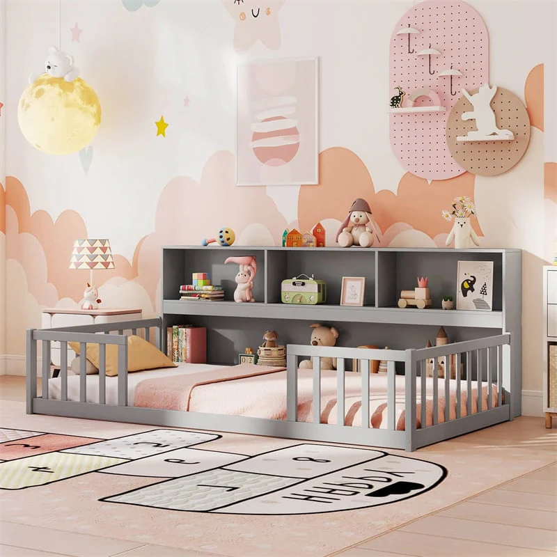Eletriclife Twin Montessori Floor Bed with Bookcase & Safety Fence Rails for Kids
