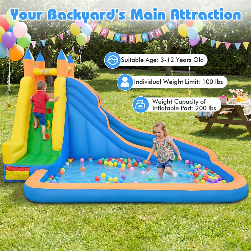 Eletriclife Inflatable Water Slide 3-in-1 Giant Bouncy Castle Water Park with Climbing Wall & Splash Pool for Kids Backyard Parties