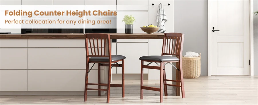 Eletriclife Set of 2 Folding Counter Height Bar Stools 24.5" Portable Kitchen Island Chairs with Padded Seat Rubber Wood Legs