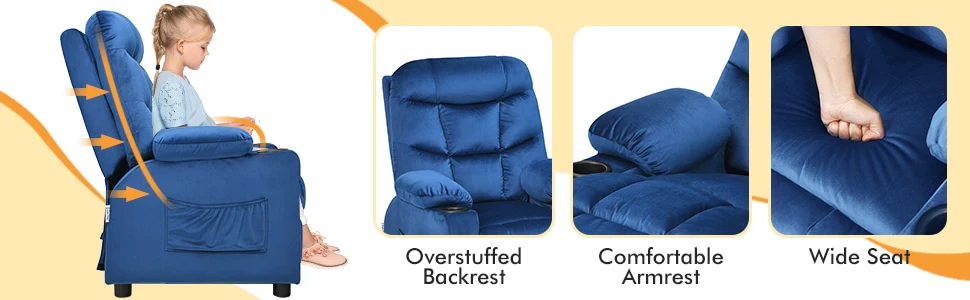 Eletriclife Kids Recliner Chair Adjustable Velvet Lounge Sofa with Cup Holders & Side Pockets