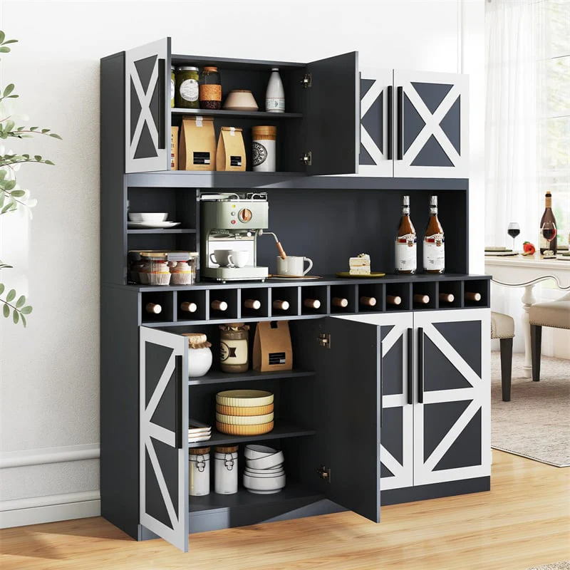 Eletriclife 70" Tall Farmhouse Pantry Cabinet Kitchen Buffet Hutch with 12-Bottle Wine Rack