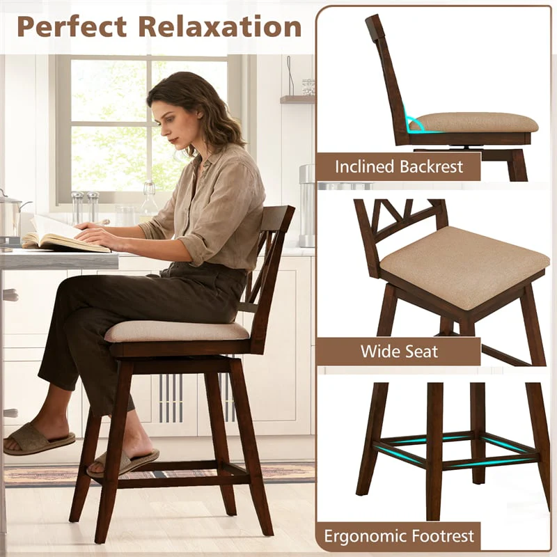 Eletriclife Swivel Bar Stools Set of 2, 24" Counter Height with Backrest, Padded Seat & Rubber Wood Frame for Kitchen Islands