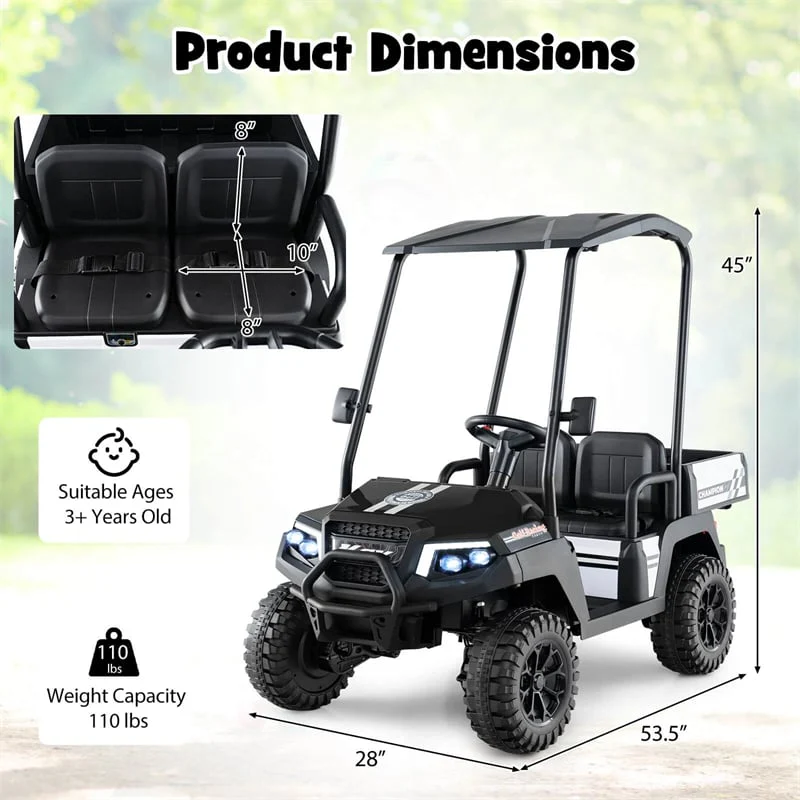 24V Kids Golf Cart, 4WD 2-Seater Electric Ride-On Car with Sun Shade, Storage Trunk, Remote Control & LED Lights for Boys & Girls Ages 3