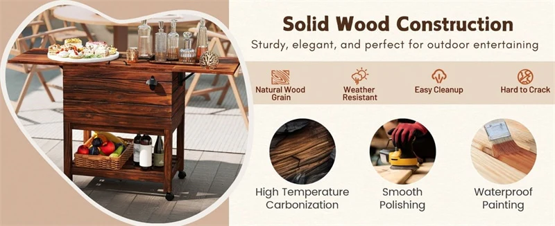 Eletriclife 54 Quart Wooden Rolling Cooler Cart Patio Ice Chest with 2 Drop Leaf Tables for Beverage Bar Party