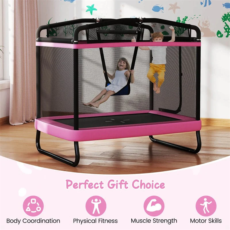 Eletriclife 6FT Kids Rectangle Trampoline with Swing, Horizontal Bar & Safety Enclosure, ASTM Certified for Indoor Outdoor