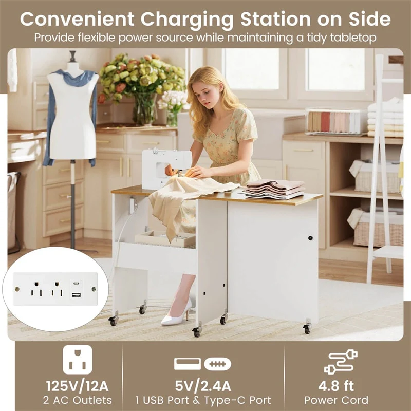 Eletriclife Folding Sewing Table Rolling Craft Table with Charging Station, Storage Tray & Shelf