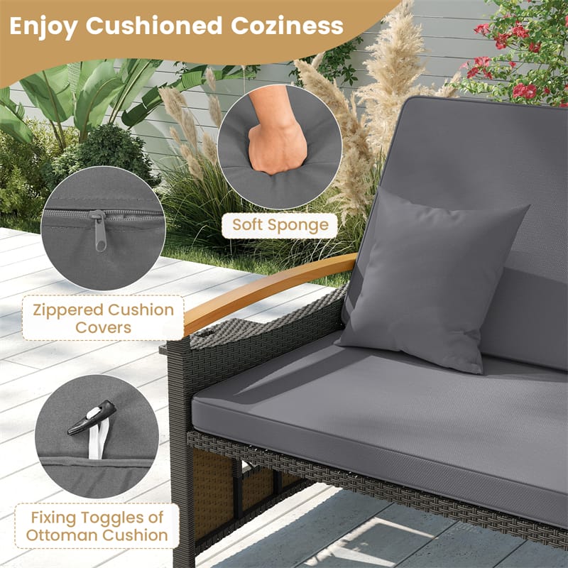 Eletriclife Adjustable Patio Rattan Daybed 2-Person Outdoor Wicker Loveseat with Storage Ottoman