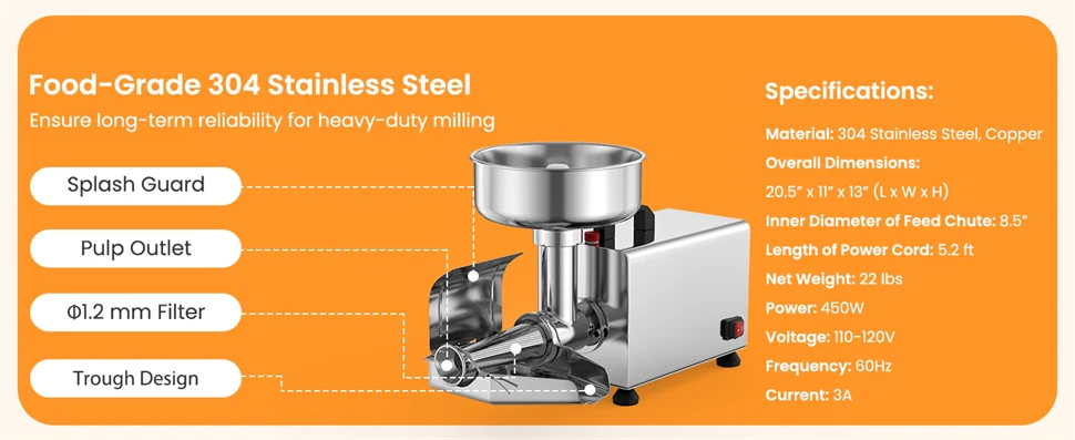 Eletriclife 450W Electric Tomato Strainer Commercial Stainless Steel Sauce Maker 350 lbs/h Food Milling Machine