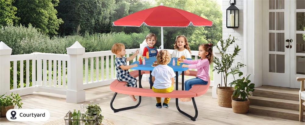 Eletriclife Outdoor 8-Person Kids HDPE Picnic Table Bench Set with Removable & Foldable Umbrella
