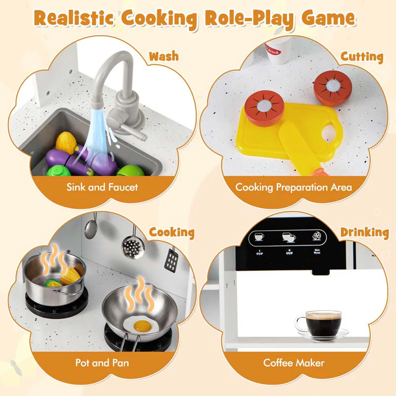 Eletriclife Pretend Play Kitchen Wooden Toy Set with Range Hood Real Sounds and Lights