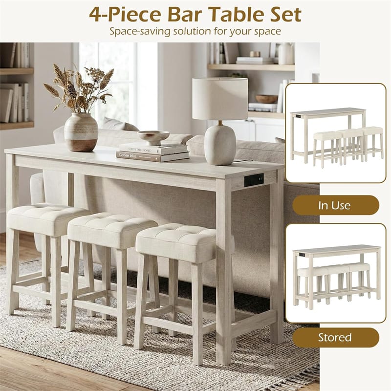 Eletriclife 59" 4-Piece Bar Table Set with Charging Station & 3 Padded Stools for Kitchen & Small Spaces