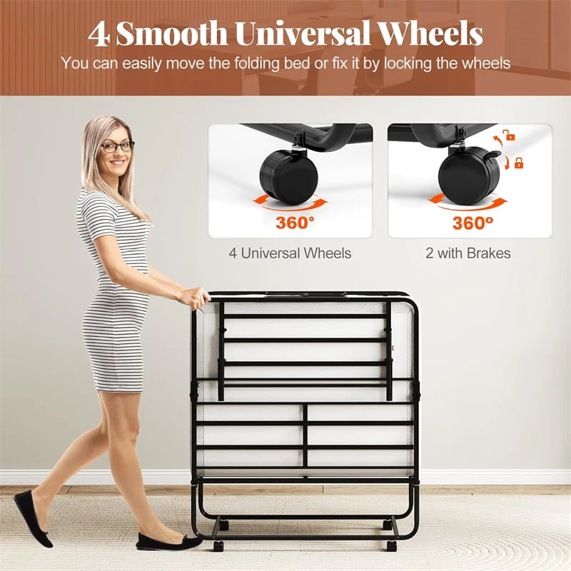 Eletriclife Twin Size Rollaway Folding Guest Bed with Memory Foam Mattress for Small Spaces