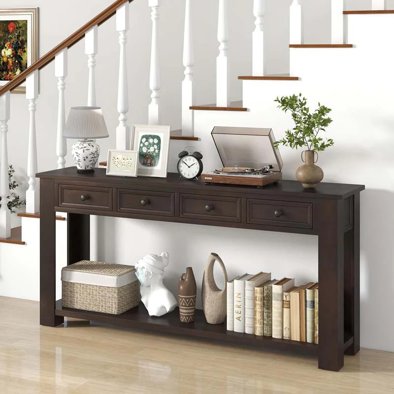 Eletriclife 63 Inches Farmhouse Entryway Table with 4 Storage Drawers and Open Shelf