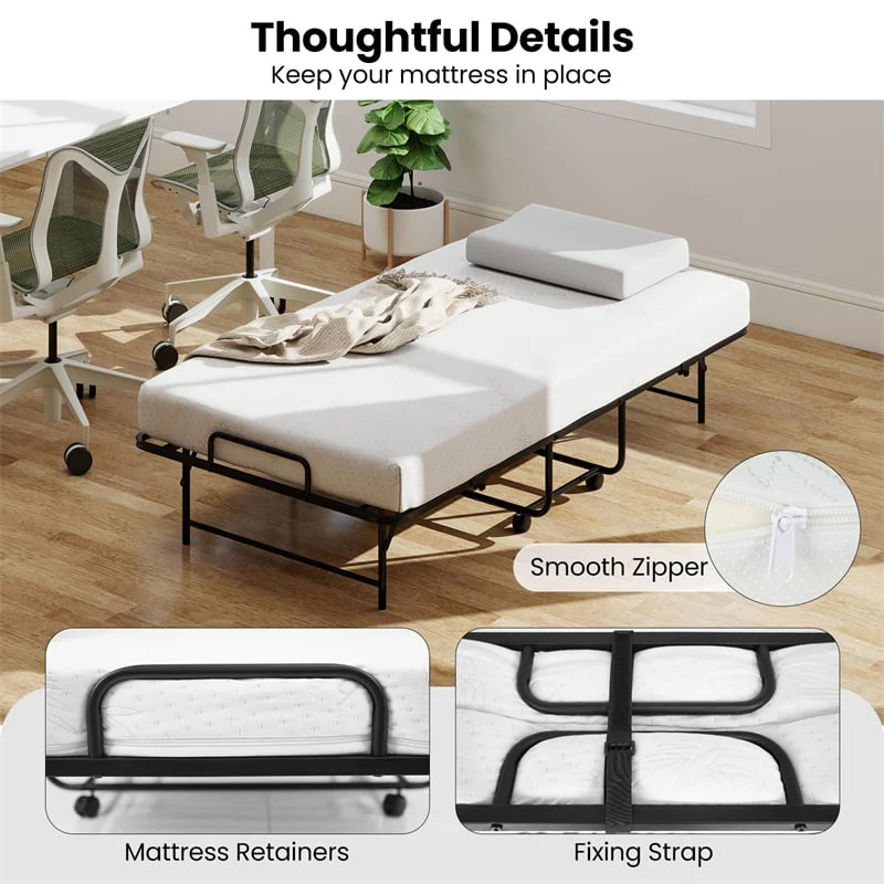 Eletriclife Twin Size Rollaway Folding Guest Bed with Memory Foam Mattress for Small Spaces