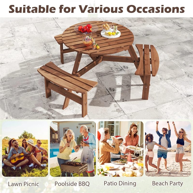Eletriclife 6-Person Outdoor Round Wood Picnic Table Set with 3 Built-in Benches & 2" Umbrella Hole